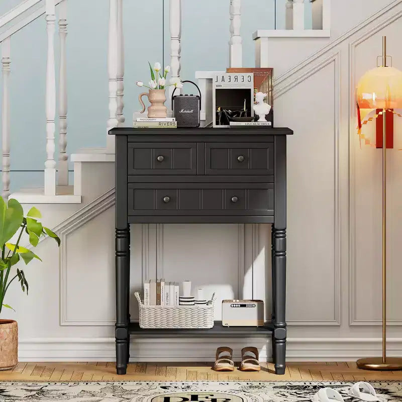 24-Inch Retro Narrow Console Table with 3 Drawers and Bottom Shelf
