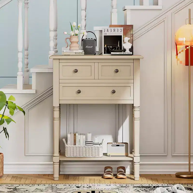 24-Inch Retro Narrow Console Table with 3 Drawers and Bottom Shelf