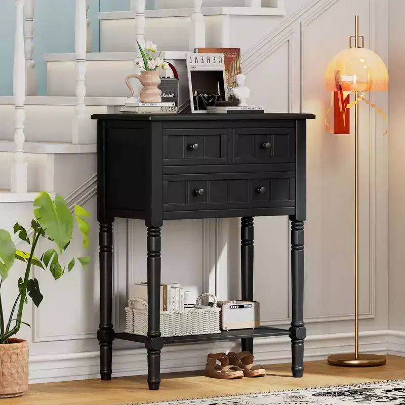 24-Inch Retro Narrow Console Table with 3 Drawers and Bottom Shelf
