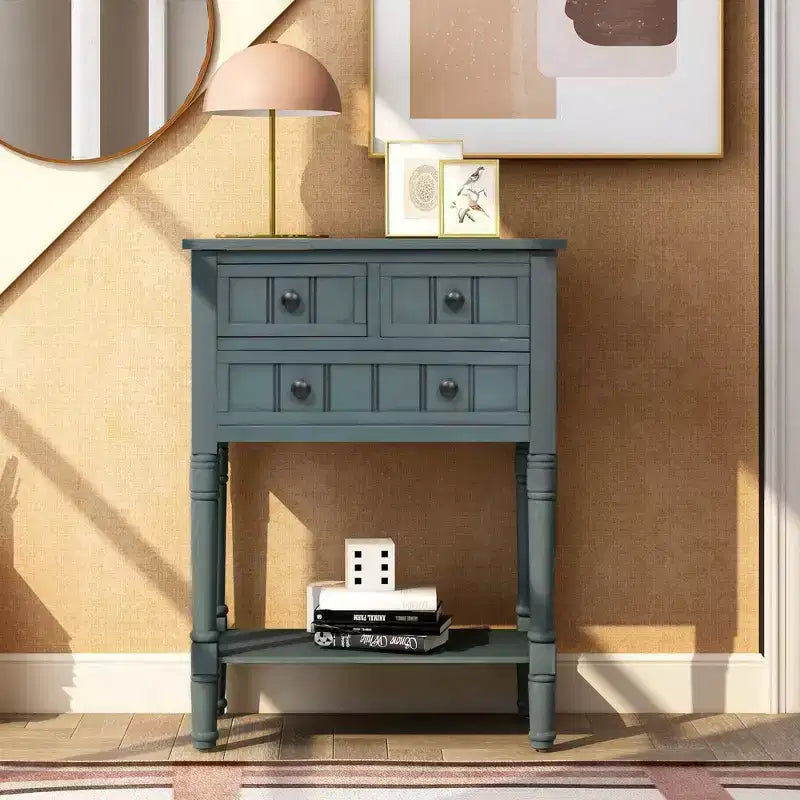 24-Inch Retro Narrow Console Table with 3 Drawers and Bottom Shelf
