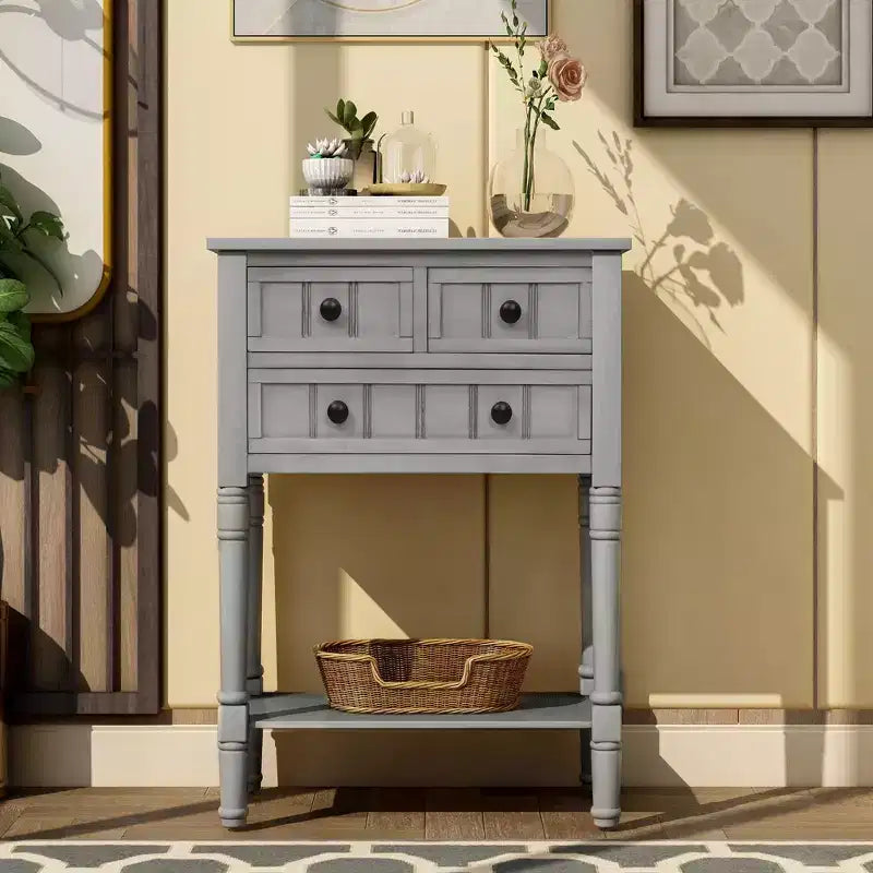 24-Inch Retro Narrow Console Table with 3 Drawers and Bottom Shelf