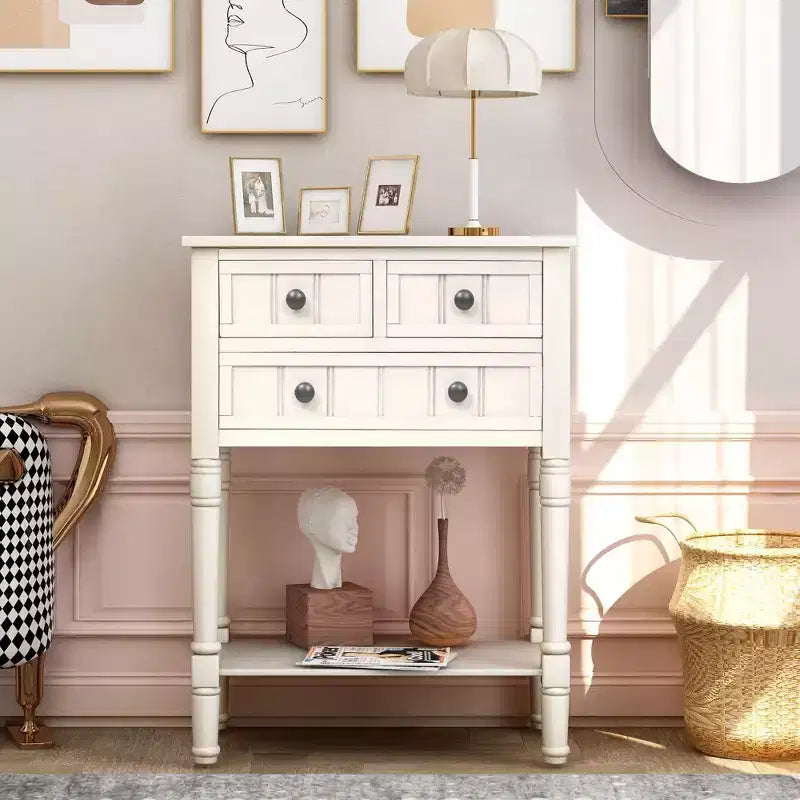 24-Inch Retro Narrow Console Table with 3 Drawers and Bottom Shelf