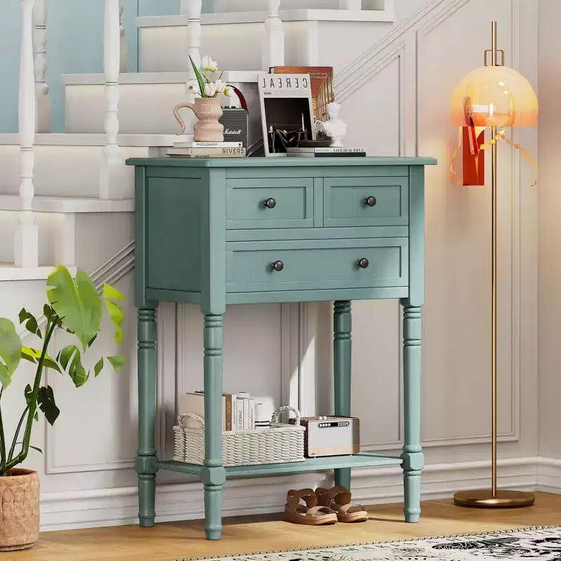 24-Inch Retro Narrow Console Table with 3 Drawers and Bottom Shelf