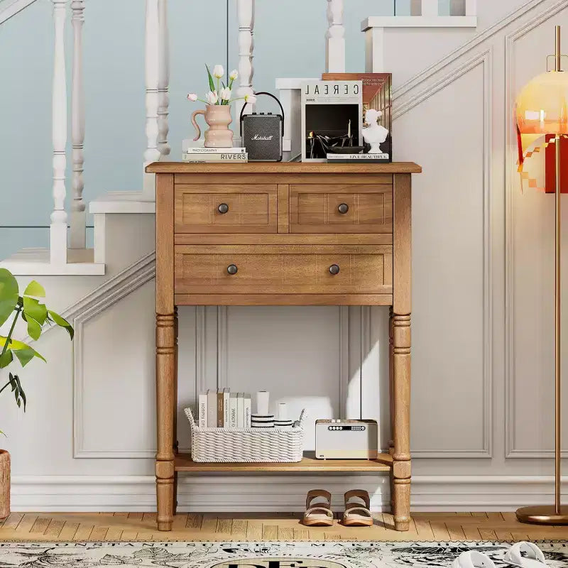 24-Inch Retro Narrow Console Table with 3 Drawers and Bottom Shelf