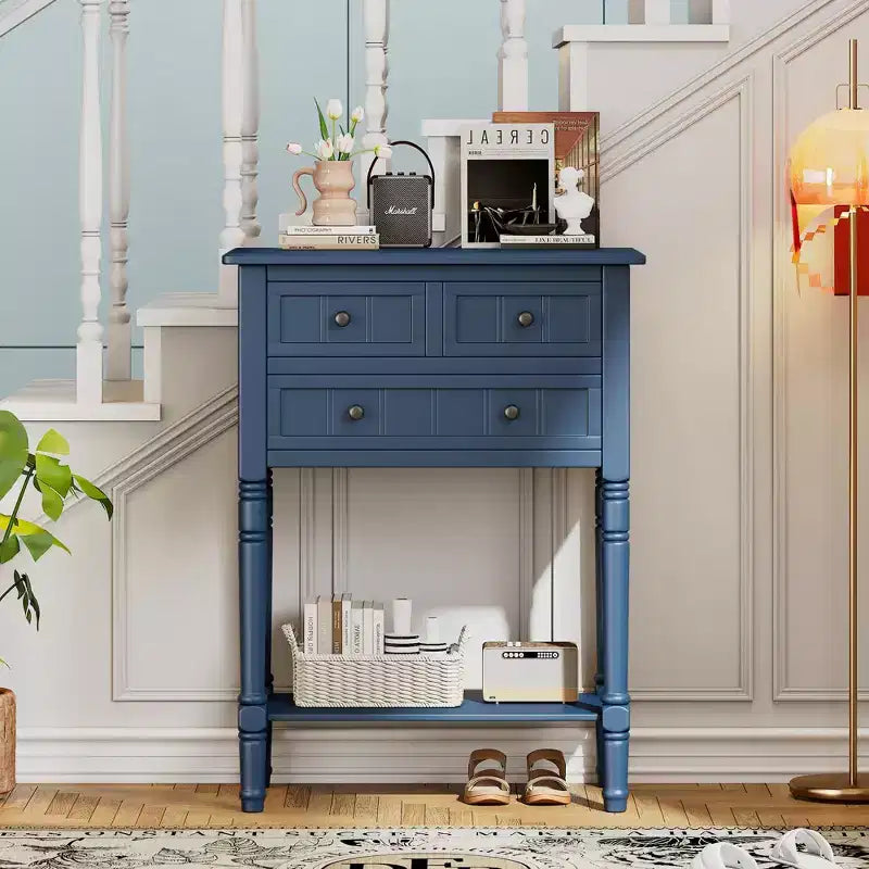 24-Inch Retro Narrow Console Table with 3 Drawers and Bottom Shelf