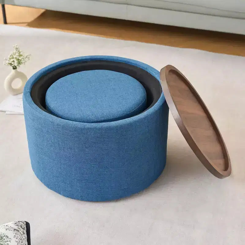 Set of 2 Round Nesting Ottomans with Storage and Wood Tray, Linen