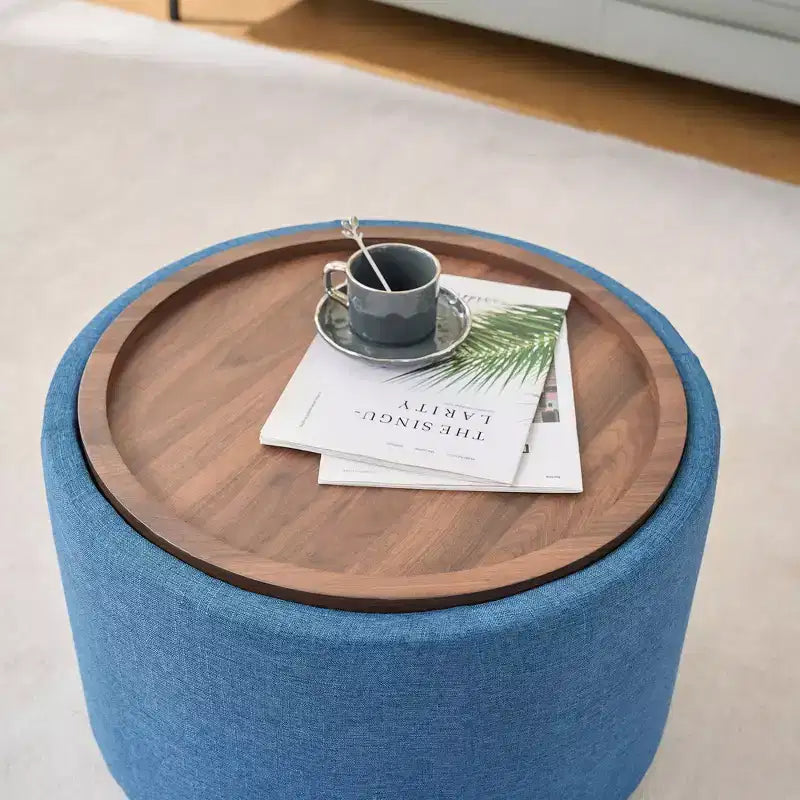 Set of 2 Round Nesting Ottomans with Storage and Wood Tray, Linen