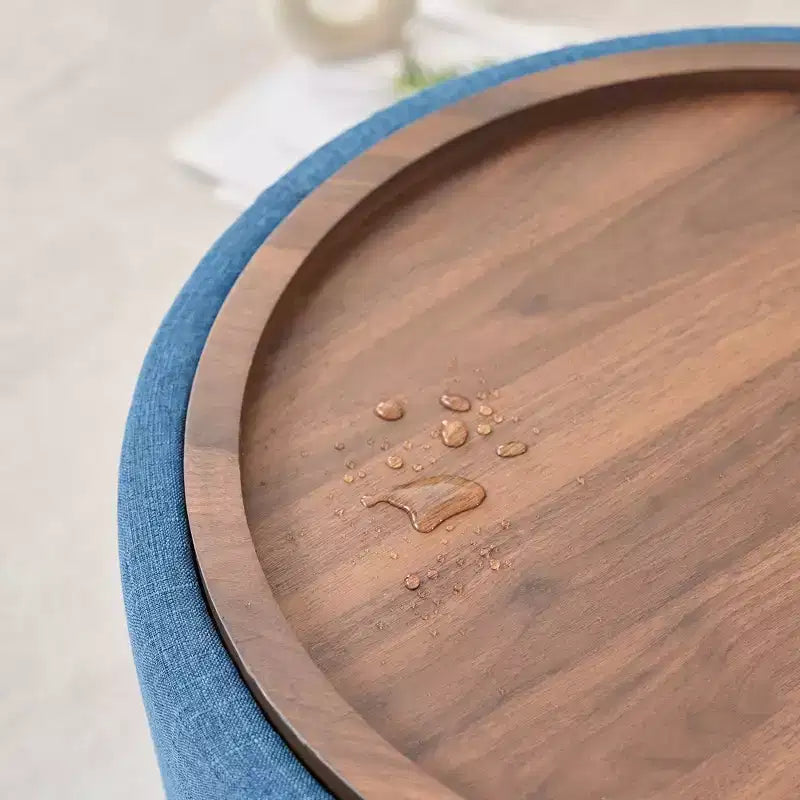 Set of 2 Round Nesting Ottomans with Storage and Wood Tray, Linen