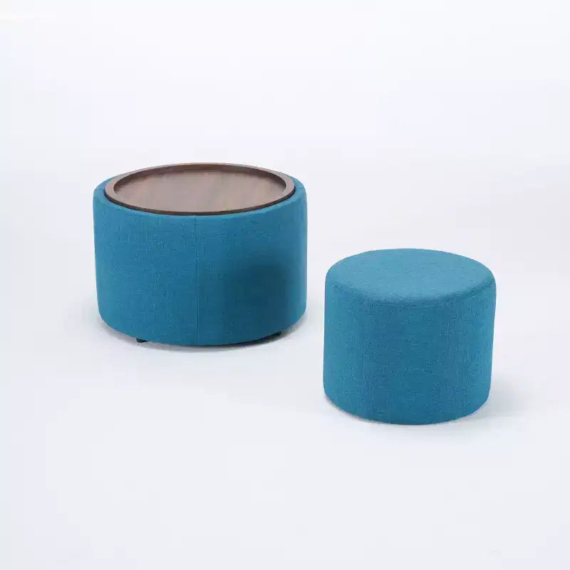 Set of 2 Round Nesting Ottomans with Storage and Wood Tray, Linen