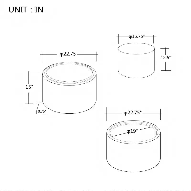 Set of 2 Round Nesting Ottomans with Storage and Wood Tray, Linen