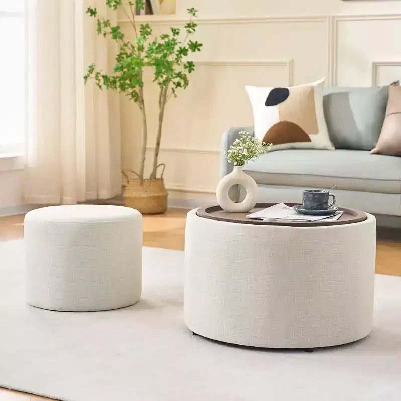 Set of 2 Round Nesting Ottomans with Storage and Wood Tray, Linen