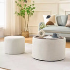 Set of 2 Round Nesting Ottomans with Storage and Wood Tray, Linen