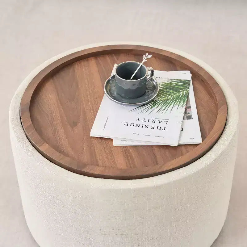 Set of 2 Round Nesting Ottomans with Storage and Wood Tray, Linen
