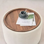 Set of 2 Round Nesting Ottomans with Storage and Wood Tray, Linen