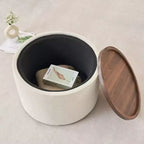 Set of 2 Round Nesting Ottomans with Storage and Wood Tray, Linen