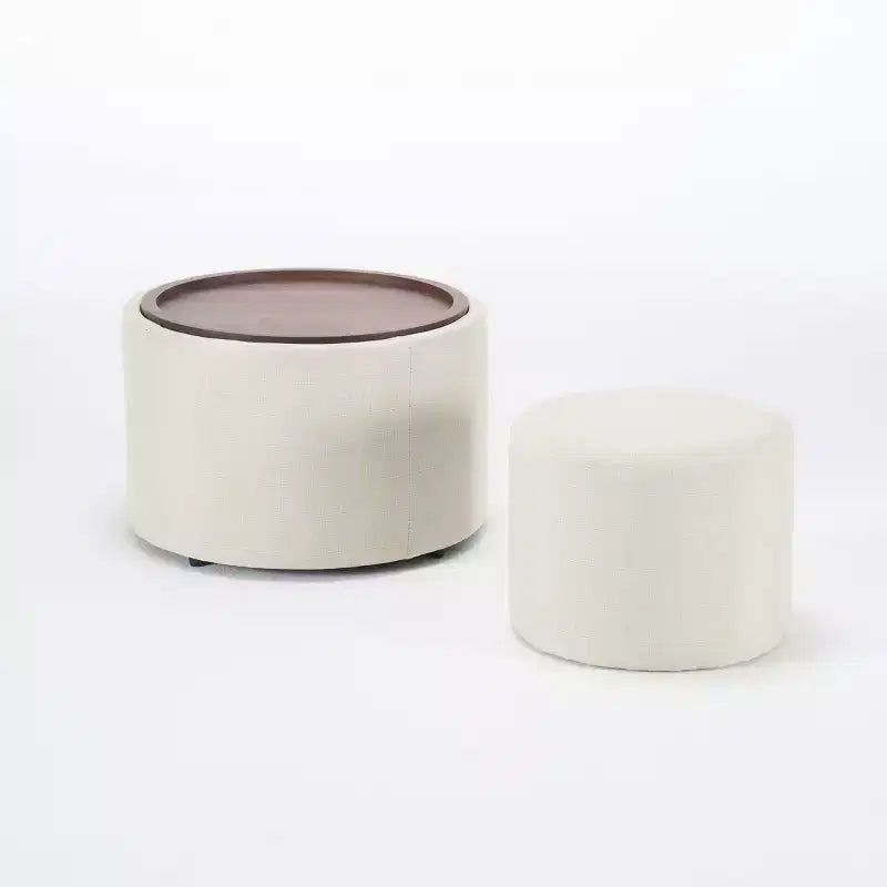 Set of 2 Round Nesting Ottomans with Storage and Wood Tray, Linen