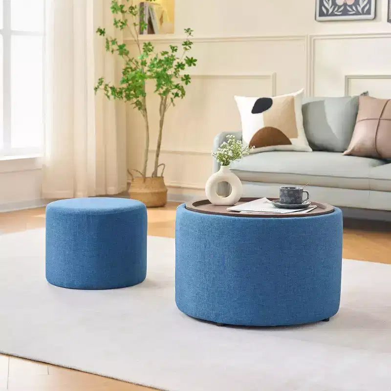 Set of 2 Round Nesting Ottomans with Storage and Wood Tray, Linen