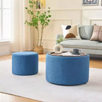 Set of 2 Round Nesting Ottomans with Storage and Wood Tray, Linen