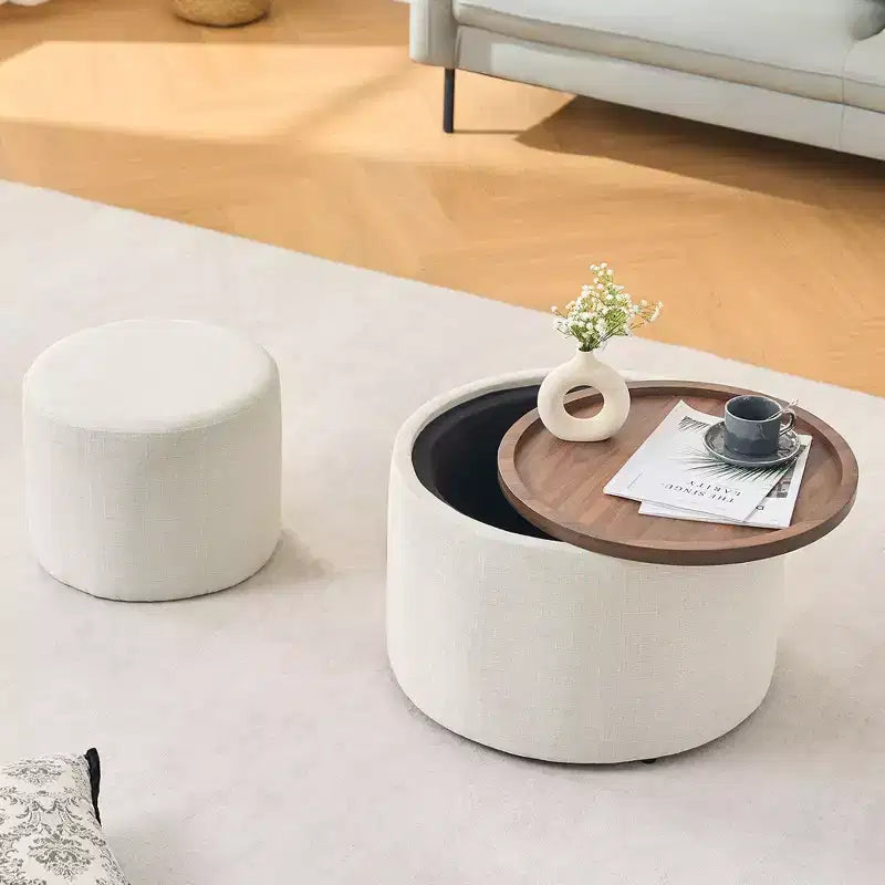 TUYOHW 2PCS Modern Nesting Ottoman with Storage Versatile Upholstered Storage Ottoman with Wood Tray Round Footstool for Living Room, Bedroom
