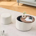 TUYOHW 2PCS Modern Nesting Ottoman with Storage Versatile Upholstered Storage Ottoman with Wood Tray Round Footstool for Living Room, Bedroom