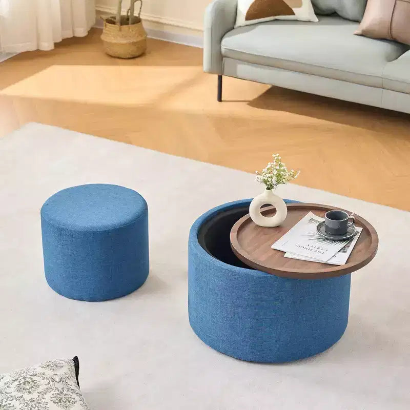 Set of 2 Round Nesting Ottomans with Storage and Wood Tray, Linen