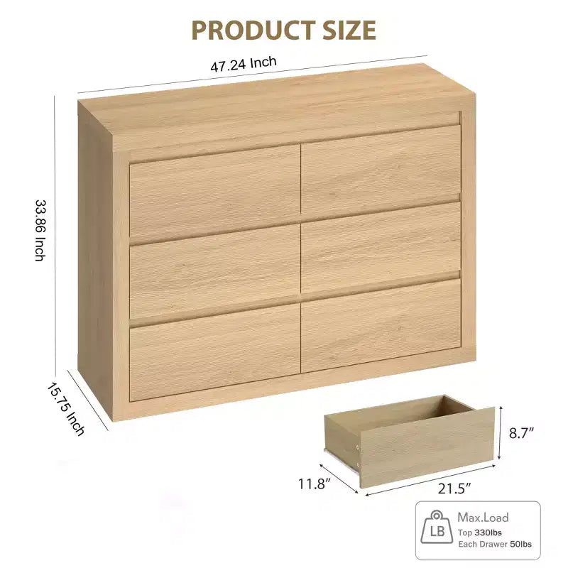 Modern 6 Drawers Dresser for Bedroom, Wide Wood Chests of Drawers w/Thickened Tabletop Design, Mid Century Modern Dresser w/Natural Texture