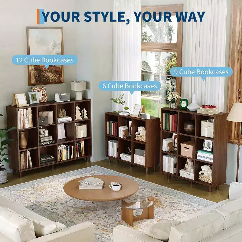 Open Cube Bookcase with Anti-Tip Kit, 6, 9, or 12 Cubes, Dark Tone Wood