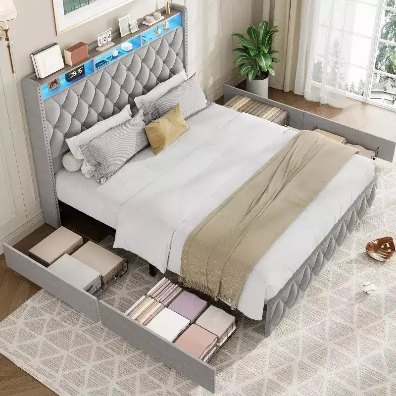 Upholstered Drawer Bed with Storage | Light Gray Plywood + Sponge + Copper Nail | For Bedroom, Guest Room