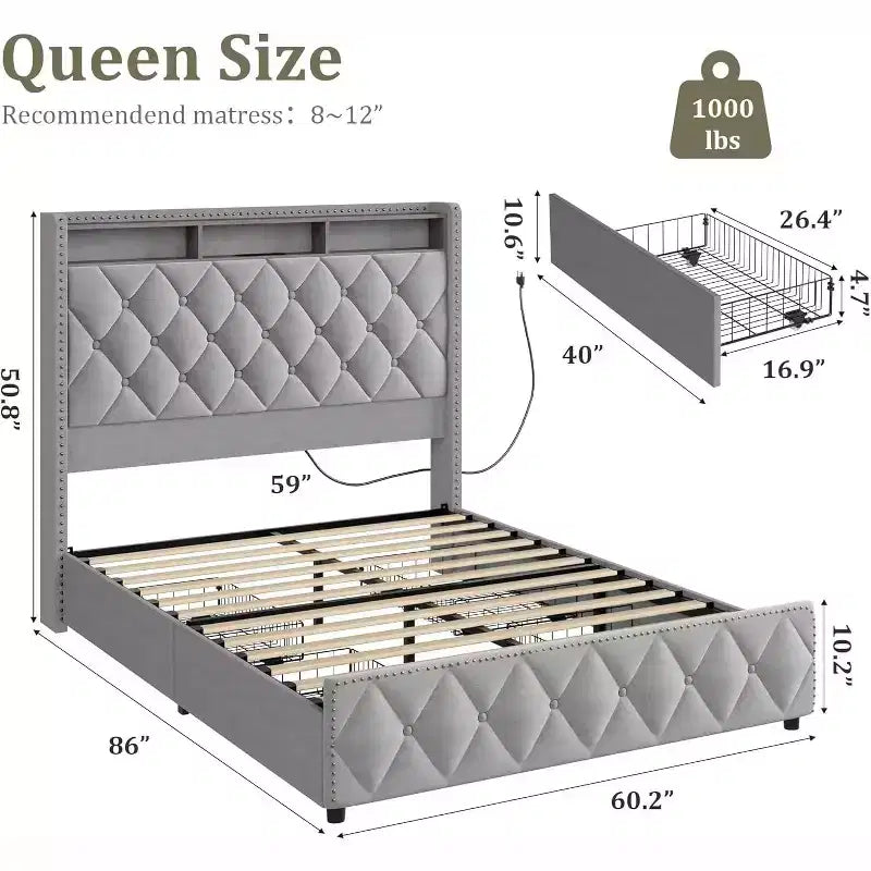 Upholstered Platform Bed with Under-Mattress Drawers, Light Gray, Copper Nail Detail