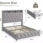 Upholstered Platform Bed with Under-Mattress Drawers, Light Gray, Copper Nail Detail
