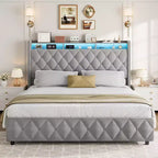 Upholstered Platform Bed with Under-Mattress Drawers, Light Gray, Copper Nail Detail