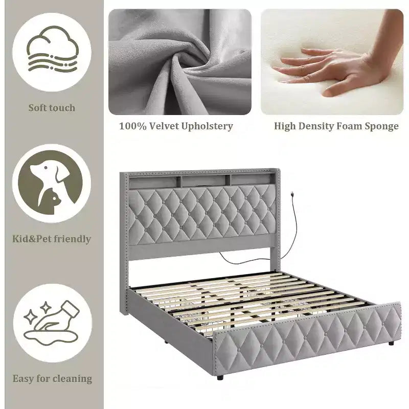 Upholstered Platform Bed with Under-Mattress Drawers, Light Gray, Copper Nail Detail