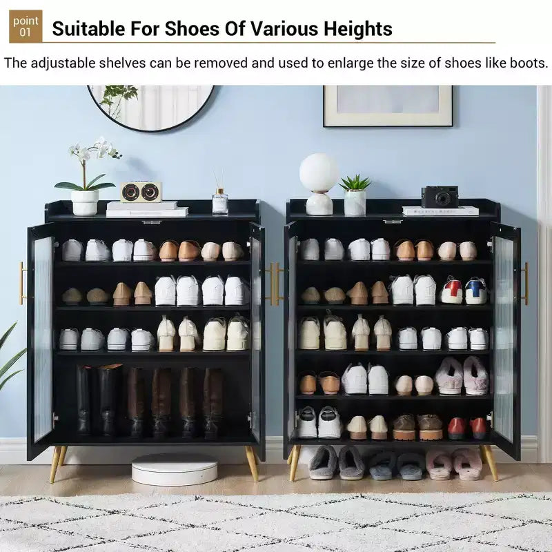 5-Tier Shoe Storage Cabinet. Glass Door Rack w/ Adjustable Shelves for Entryway Bedroom