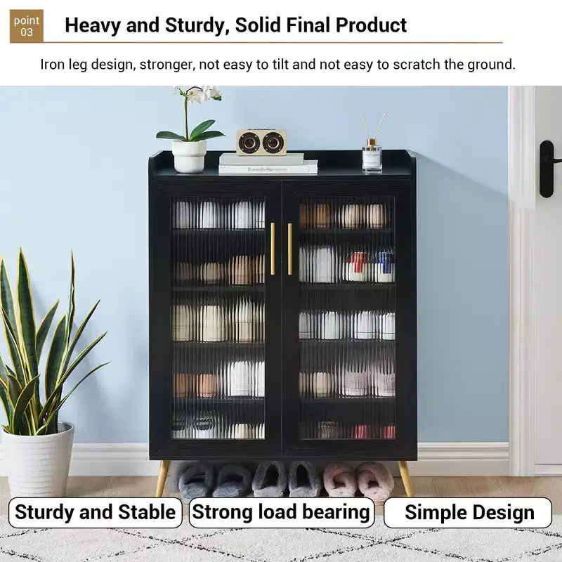 5-Tier Shoe Storage Cabinet. Glass Door Rack w/ Adjustable Shelves for Entryway Bedroom