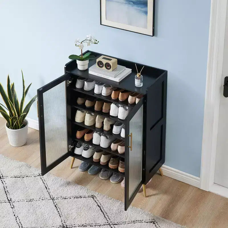 5-Tier Shoe Storage Cabinet. Glass Door Rack w/ Adjustable Shelves for Entryway Bedroom