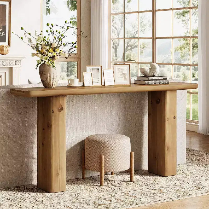63-Inch Solid Wood Farmhouse Console Table, Rustic Brown