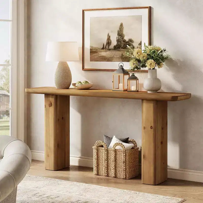 63-Inch Solid Wood Farmhouse Console Table, Rustic Brown