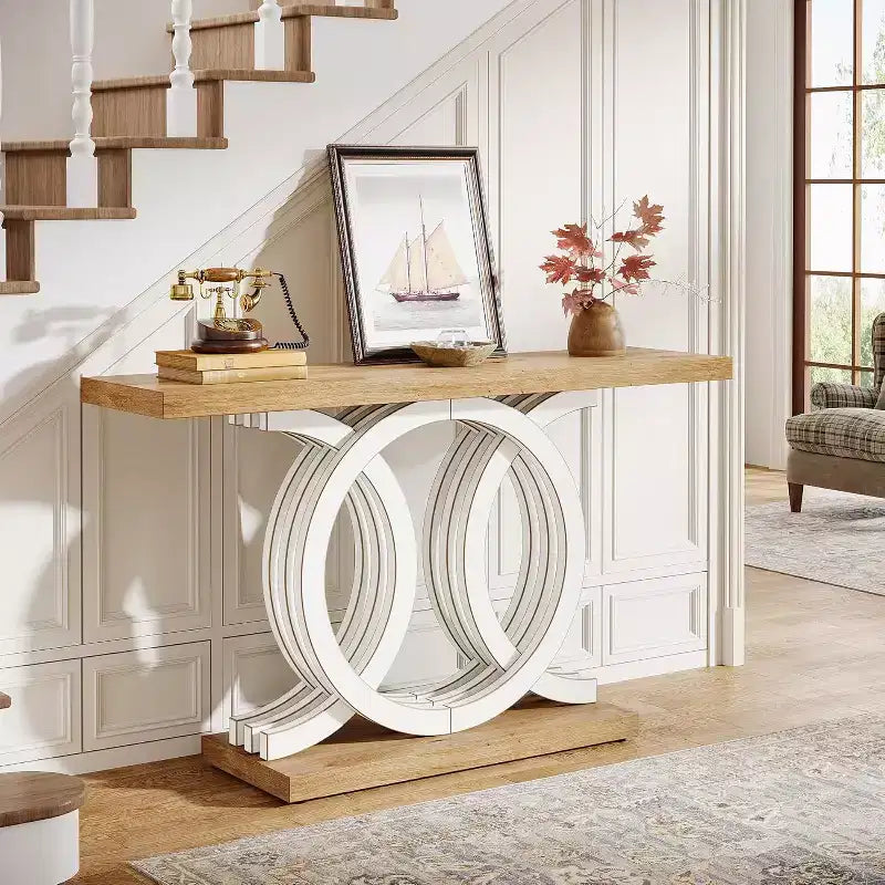 Lantine 55-Inch Console Table with Geometric Wood Base, Modern Entryway Table with Thick Tabletop for Living Room, Hallway, Foyer, White
