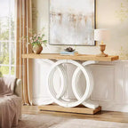 Lantine 55-Inch Console Table with Geometric Wood Base, Modern Entryway Table with Thick Tabletop for Living Room, Hallway, Foyer, White