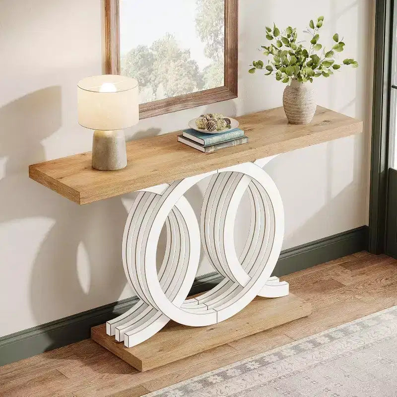 Lantine 55-Inch Console Table with Geometric Wood Base, Modern Entryway Table with Thick Tabletop for Living Room, Hallway, Foyer, White