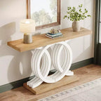 Lantine 55-Inch Console Table with Geometric Wood Base, Modern Entryway Table with Thick Tabletop for Living Room, Hallway, Foyer, White