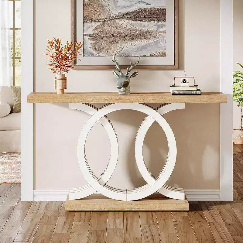 Lantine 55-Inch Console Table with Geometric Wood Base, Modern Entryway Table with Thick Tabletop for Living Room, Hallway, Foyer, White