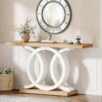Lantine 55-Inch Console Table with Geometric Wood Base, Modern Entryway Table with Thick Tabletop for Living Room, Hallway, Foyer, White