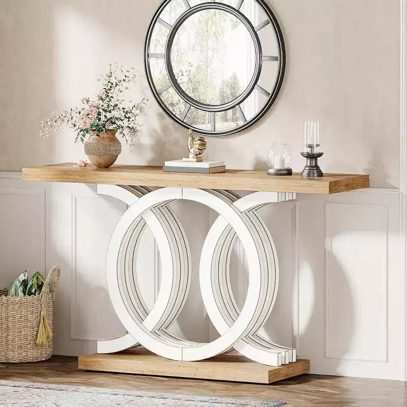 Lantine 55-Inch Console Table with Geometric Wood Base, Modern Entryway Table with Thick Tabletop for Living Room, Hallway, Foyer, White