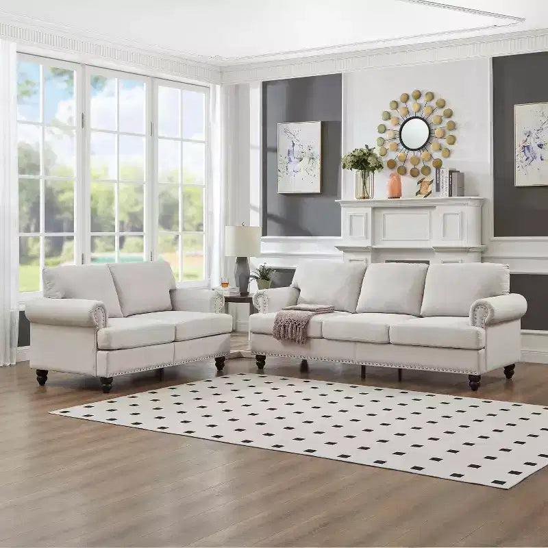 5-Seat Sectional Sofa Set with Under-Seat Storage and Silver Nail Accents, Beige