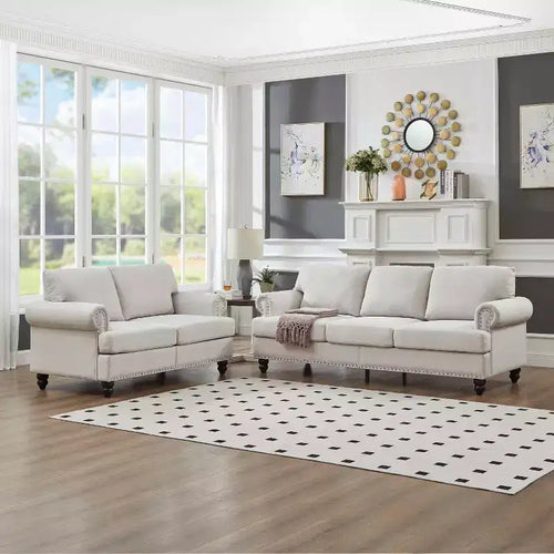 Divano Sezionale a 5 Posti con Contenitore Sotto la Seduta e Dettagli Borchie Argentate, Beige