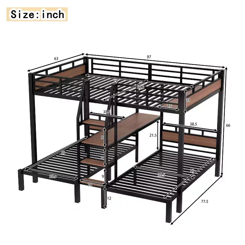 Triple Bunk Bed with Storage Stairs and Shelves, Black, MDF & Metal Frame