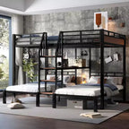 Triple Bunk Bed with Storage Stairs and Shelves, Black, MDF & Metal Frame