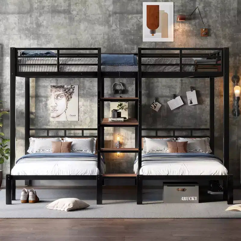 Triple Bunk Bed with Storage Stairs and Shelves, Black, MDF & Metal Frame