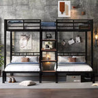 Triple Bunk Bed with Storage Stairs and Shelves, Black, MDF & Metal Frame